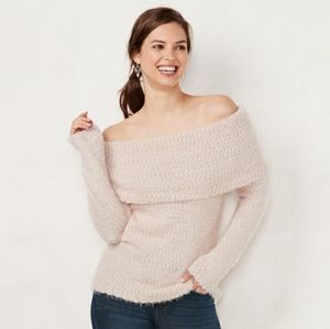 Lauren Conrad Pink Fuzzy Off the Shoulder Sweater